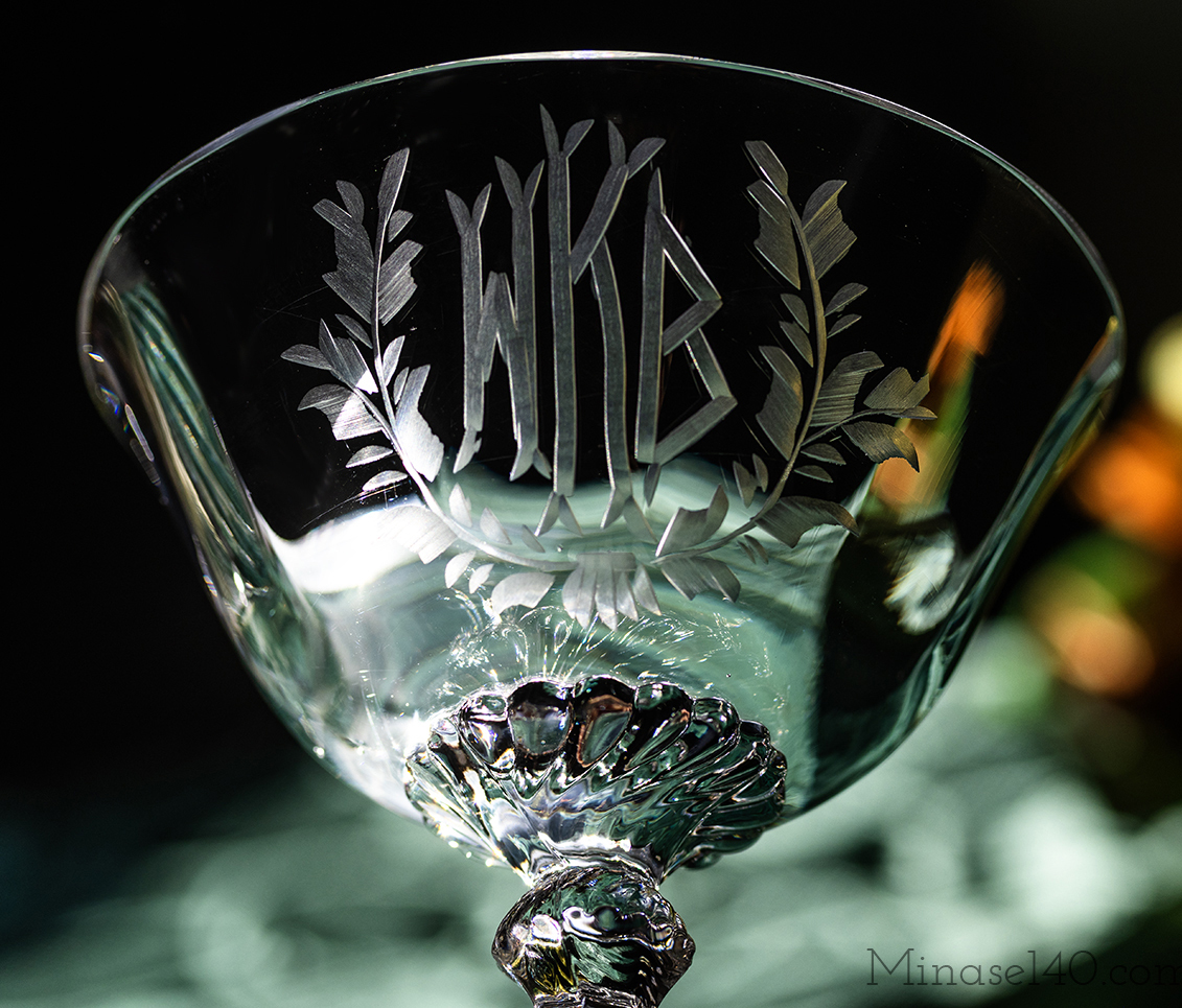 ビンテージ クリスタル WKB エッチング シャンパン カクテルグラス 2脚セット 酒 シャーベットグラスの画像3