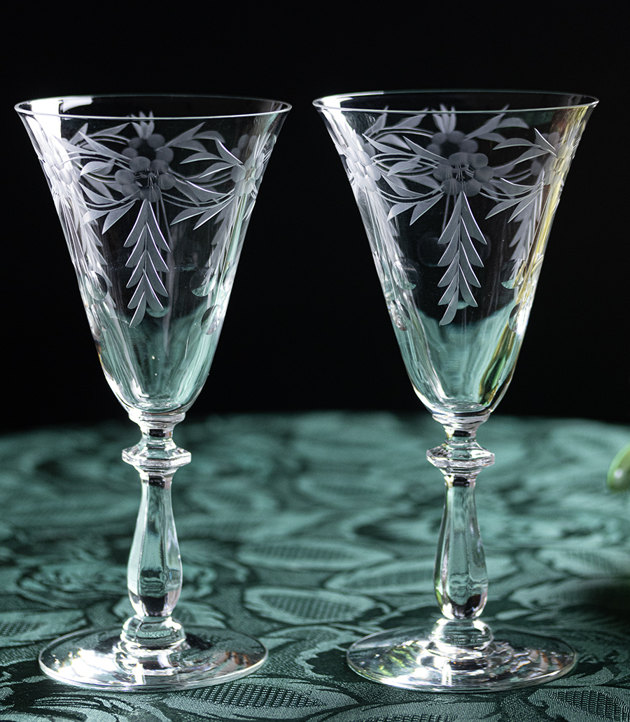 1949年～ REIZART クリスタル マジョリー フラワー & リーフ エッチング ゴブレット シャンパン ワイングラス 2脚セット 酒 ビンテージ_画像1
