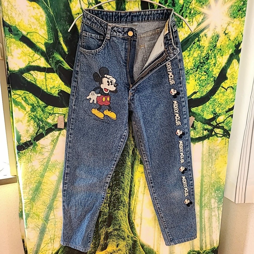 希少 90s 90年代 ビンテージ Mickey 刺繍 プリント Disney ケミカルウォッシュ  デニムパンツ テーパード