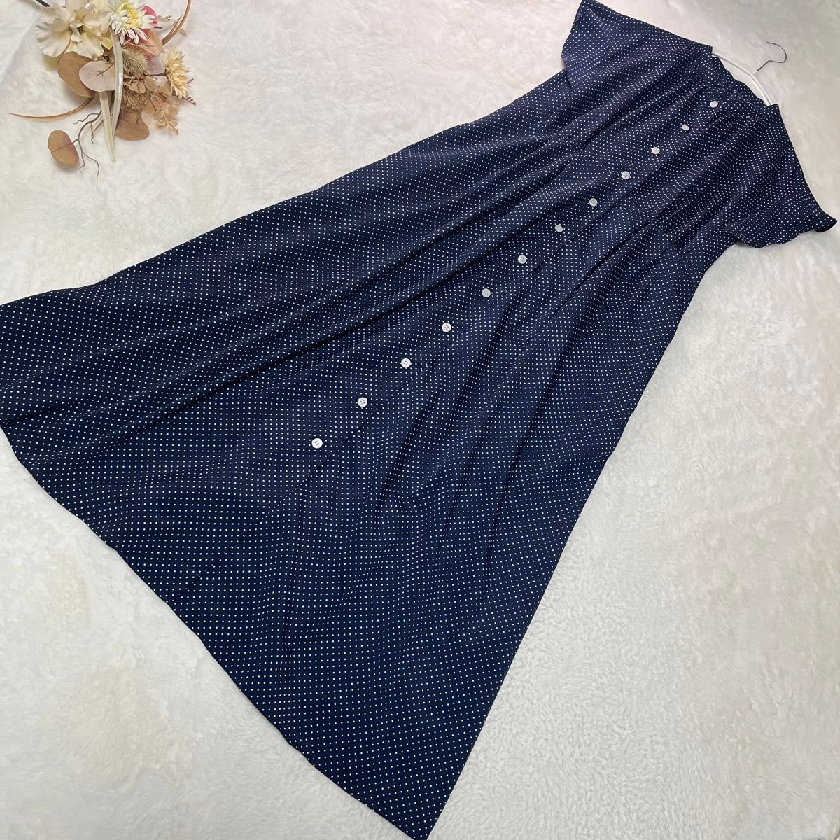 美品 IENA イエナ セーラーカラー ロングマキシ丈ワンピース 半袖 IENA イエナ ロングワンピース ドット柄 総柄 ネイビー 前開きA