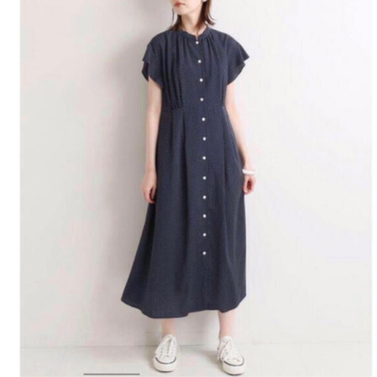 美品 IENA イエナ セーラーカラー ロングマキシ丈ワンピース 半袖 IENA イエナ ロングワンピース ドット柄 総柄 ネイビー 前開きA