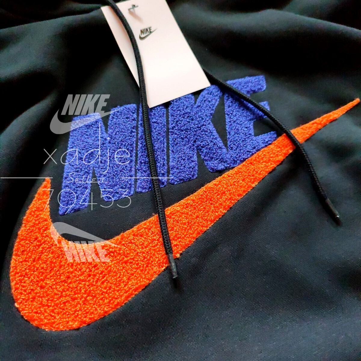 新品 正規品 NIKE ナイキ 立体 ロゴ 上下セット スウェット パーカー パンツ セットアップ 黒 ブラック 紺 ネイビー オレンジ 裏起毛 L_画像3