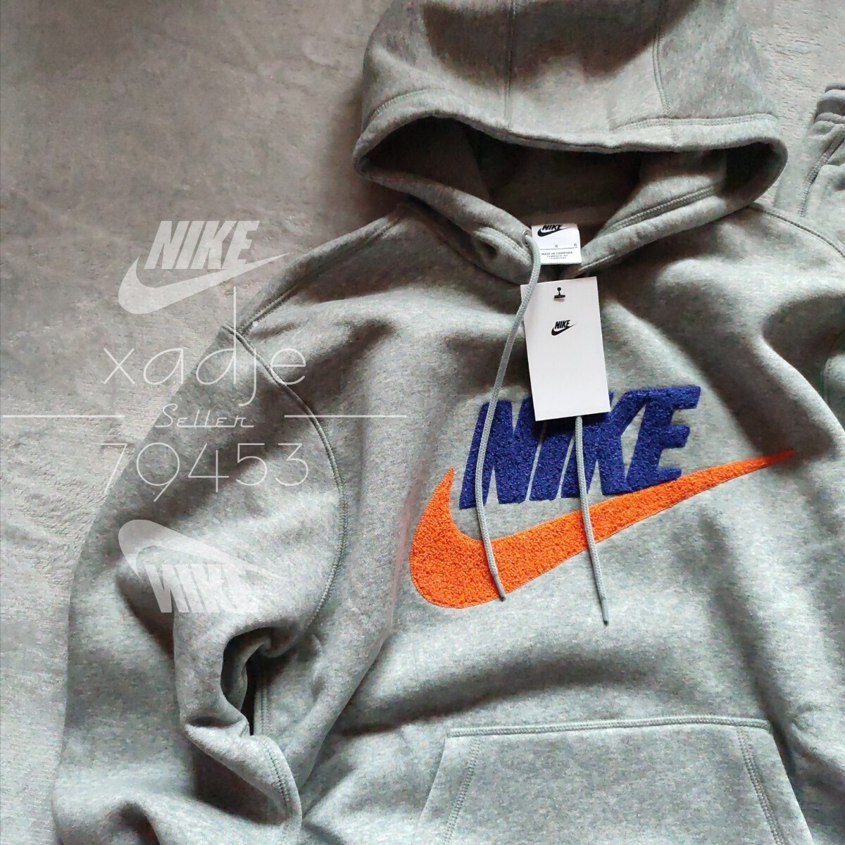 新品 正規品 NIKE ナイキ 立体 ロゴ 上下セット スウェット パーカー パンツ セットアップ 灰 グレー 紺 ネイビー オレンジ 裏起毛 XL_画像2