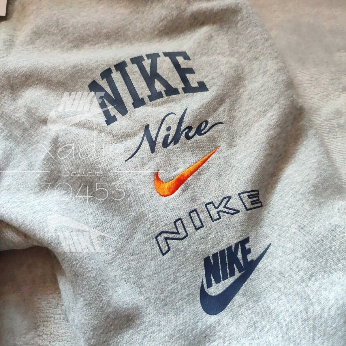 新品 正規品 NIKE swoosh ナイキ ロゴ プリント 刺繍 上下セット スウェット トレーナー パンツ セットアップ 灰 グレー 裏起毛 L_画像8