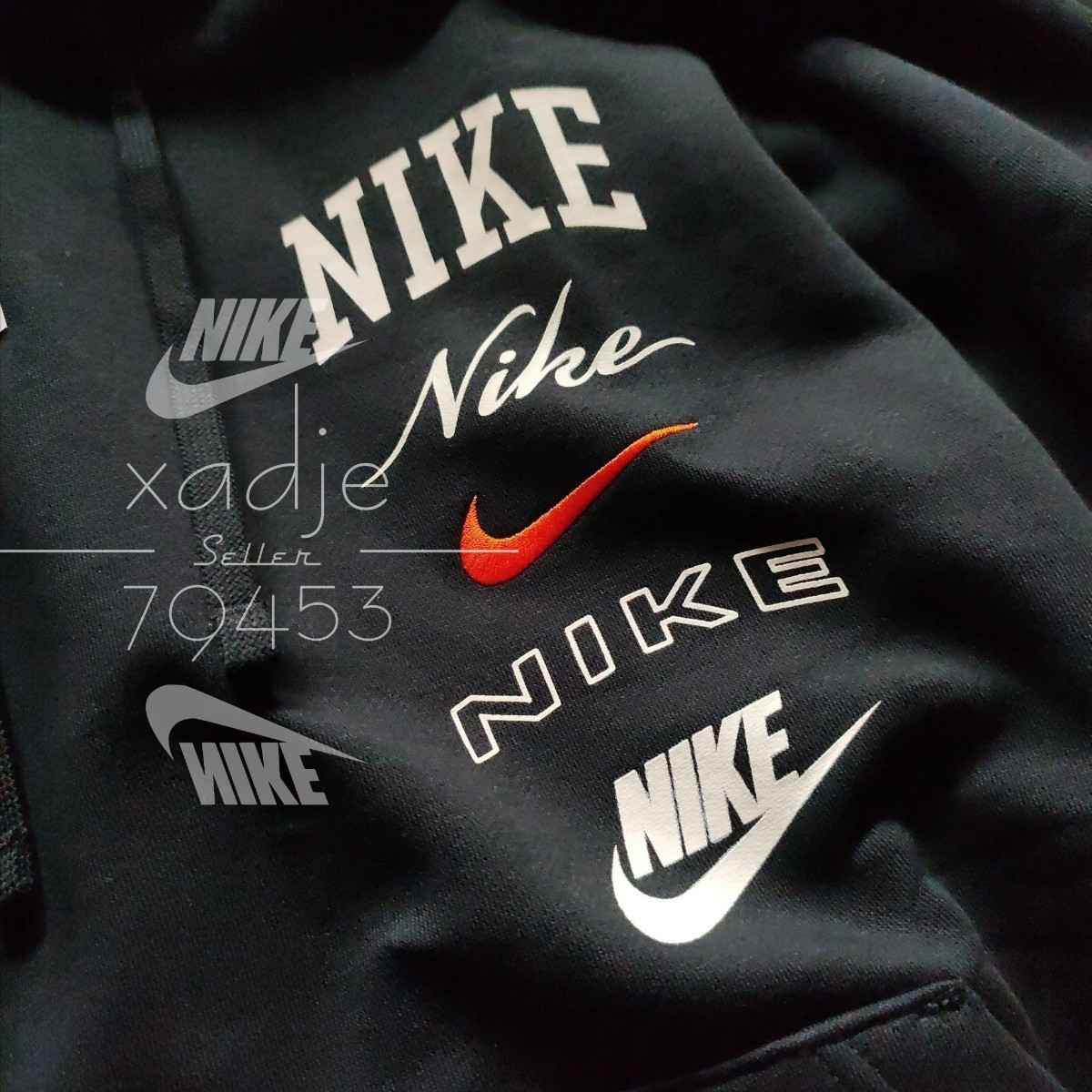 新品 正規品 NIKE swoosh ナイキ ロゴ プリント 刺繍 上下セット パーカー パンツ セットアップ 黒 ブラック 裏起毛 L_画像3