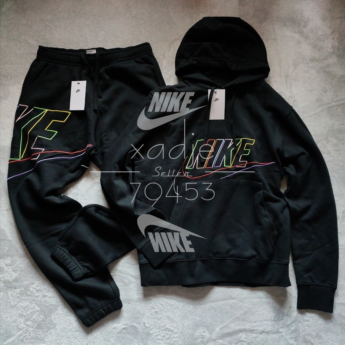 新品 正規品 NIKE swoosh ナイキ ロゴ 刺繍 上下セット パーカー パンツ セットアップ 黒 ブラック ネオン マルチ 裏起毛 L_画像1