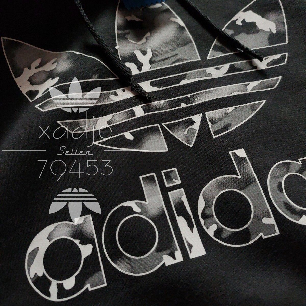 新品 正規品 adidas originals アディダス オリジナルス スウェット 上下セット パーカー パンツ 迷彩 プリント 三つ葉 刺繍 黒 XL_画像3