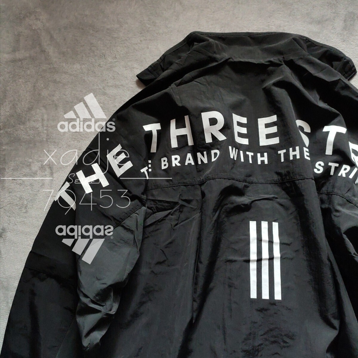 新品 正規品 adidas アディダス THREE STRIPES プリント 上下セット セットアップ ナイロン ジャケット パンツ 黒 ブラック ゆるめ M_画像2