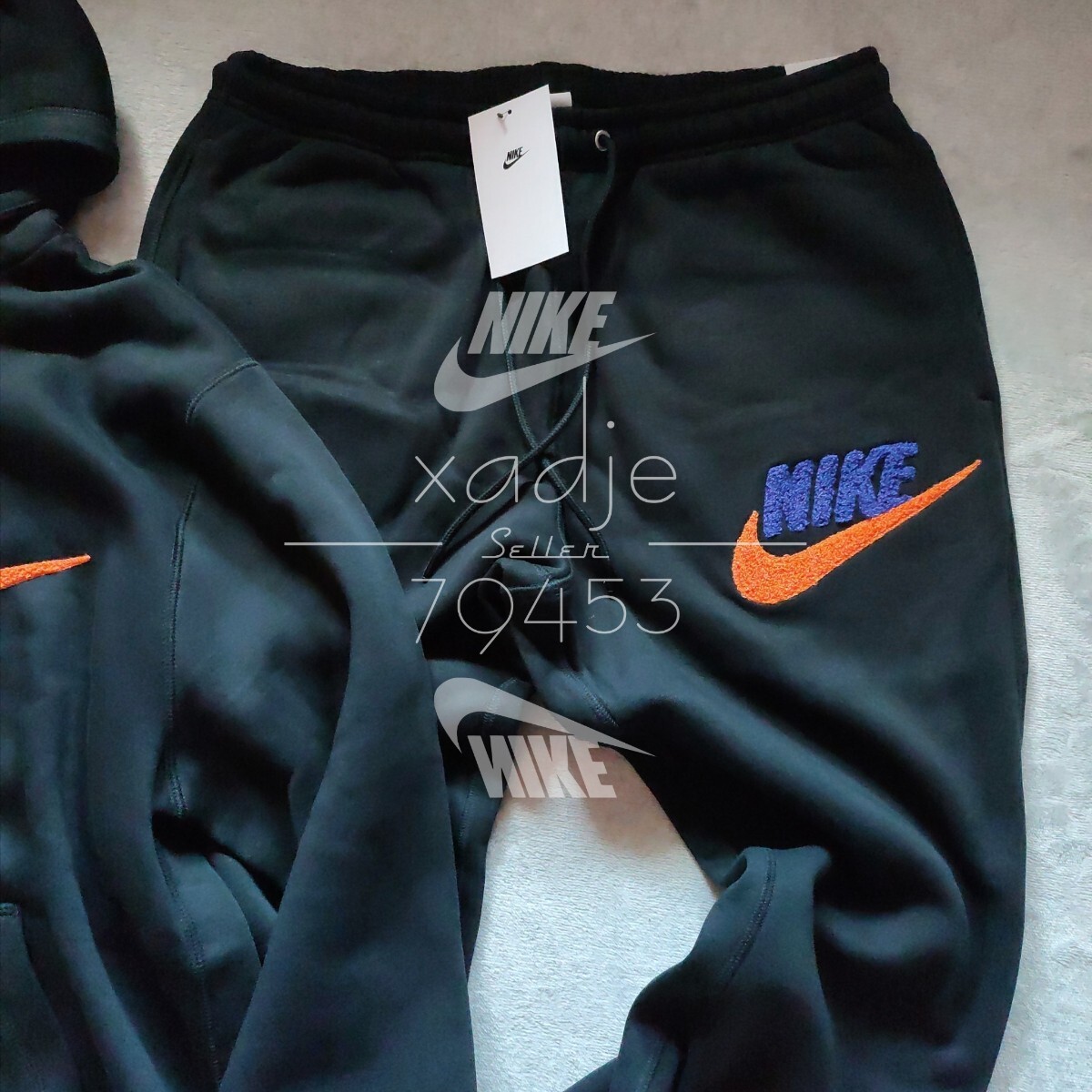 新品 正規品 NIKE ナイキ 立体 ロゴ 上下セット スウェット パーカー パンツ セットアップ 黒 ブラック 紺 ネイビー オレンジ 裏起毛 XL_画像6