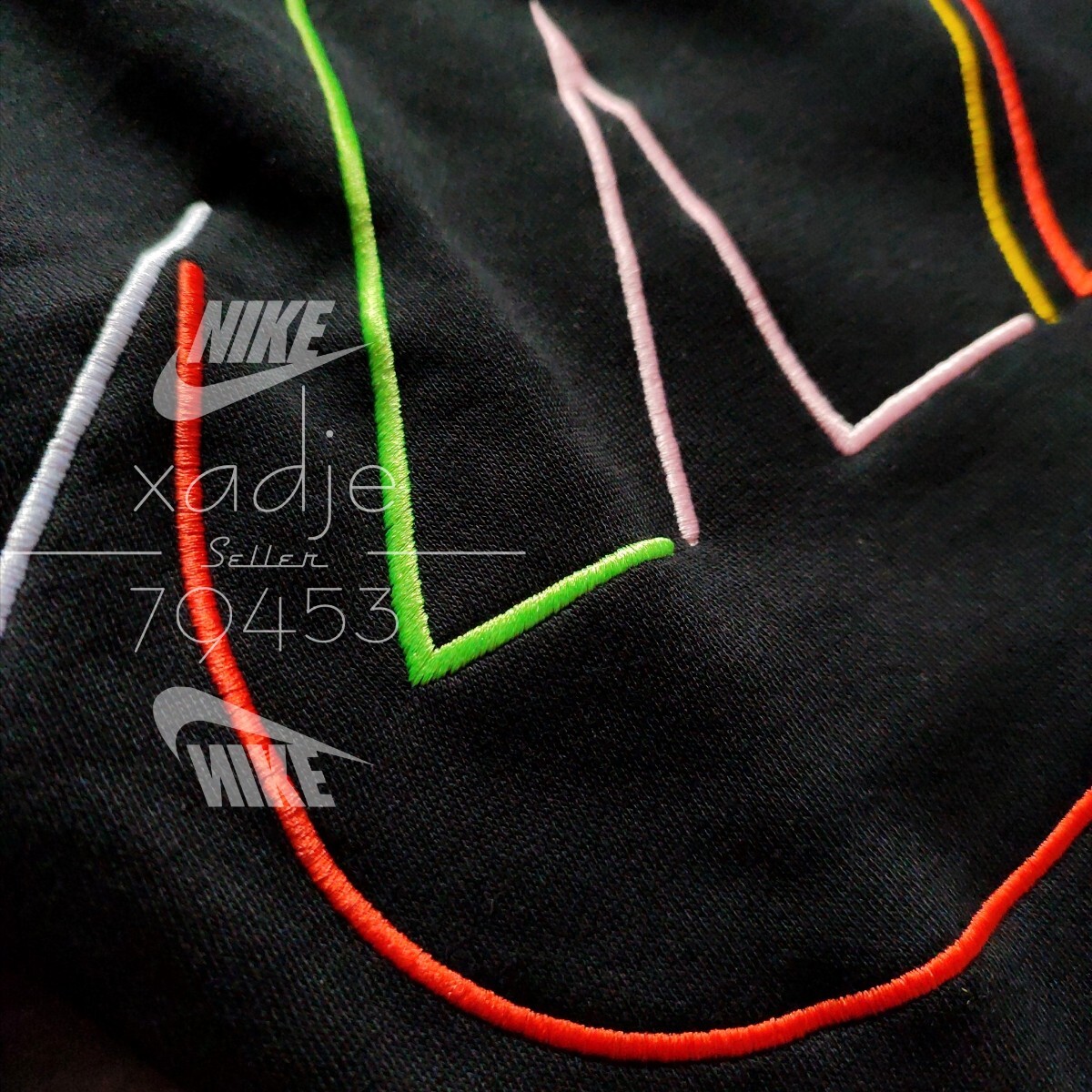 新品 正規品 NIKE swoosh ナイキ ロゴ 刺繍 上下セット スウェット トレーナー パンツ セットアップ 黒 ブラック ネオン マルチ 裏起毛 XL_画像9