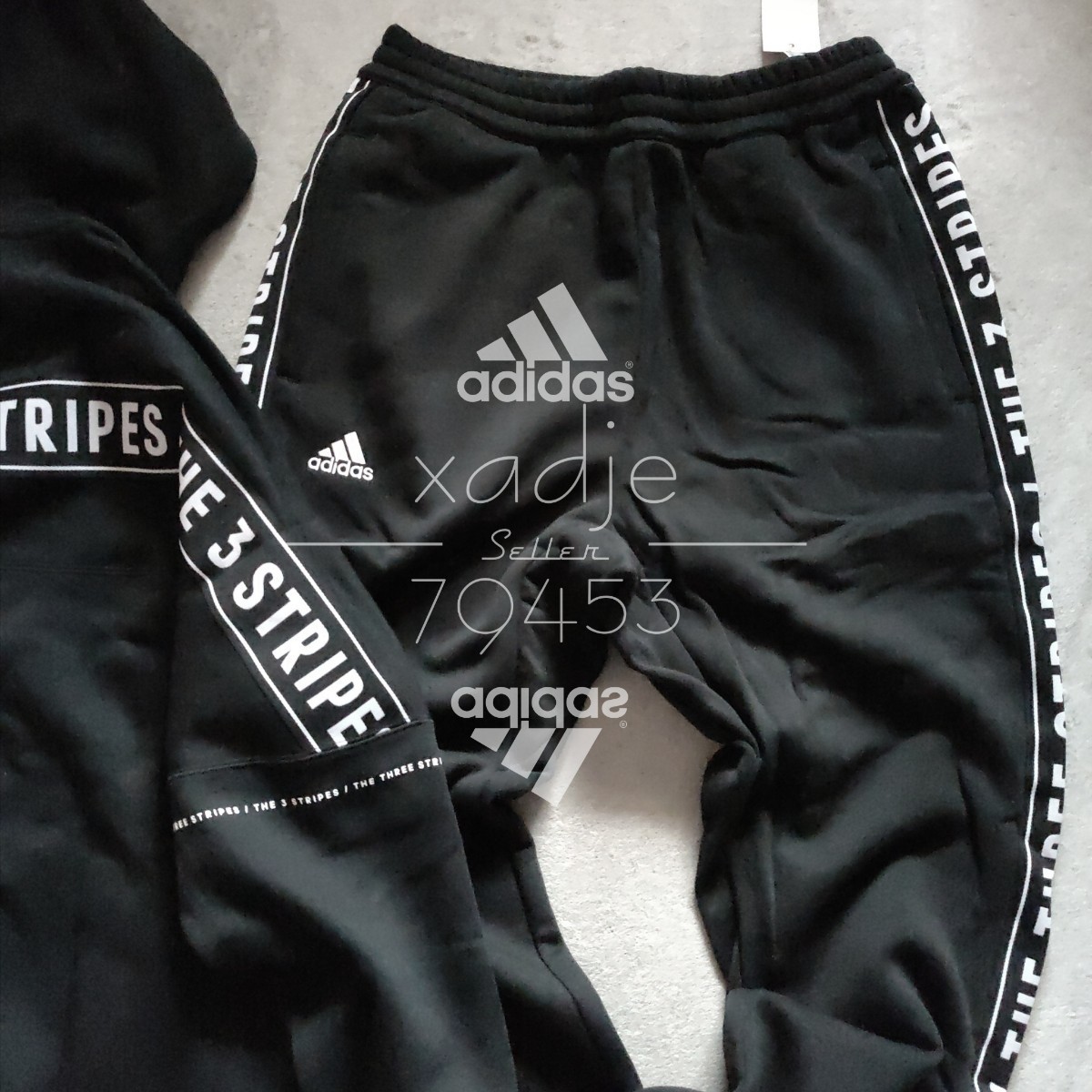 新品 正規品 adidas アディダス THREE STRIPES 上下セット セットアップ パーカー スウェットパンツ 黒 ブラック 白 ホワイト 裏起毛 XLの画像5