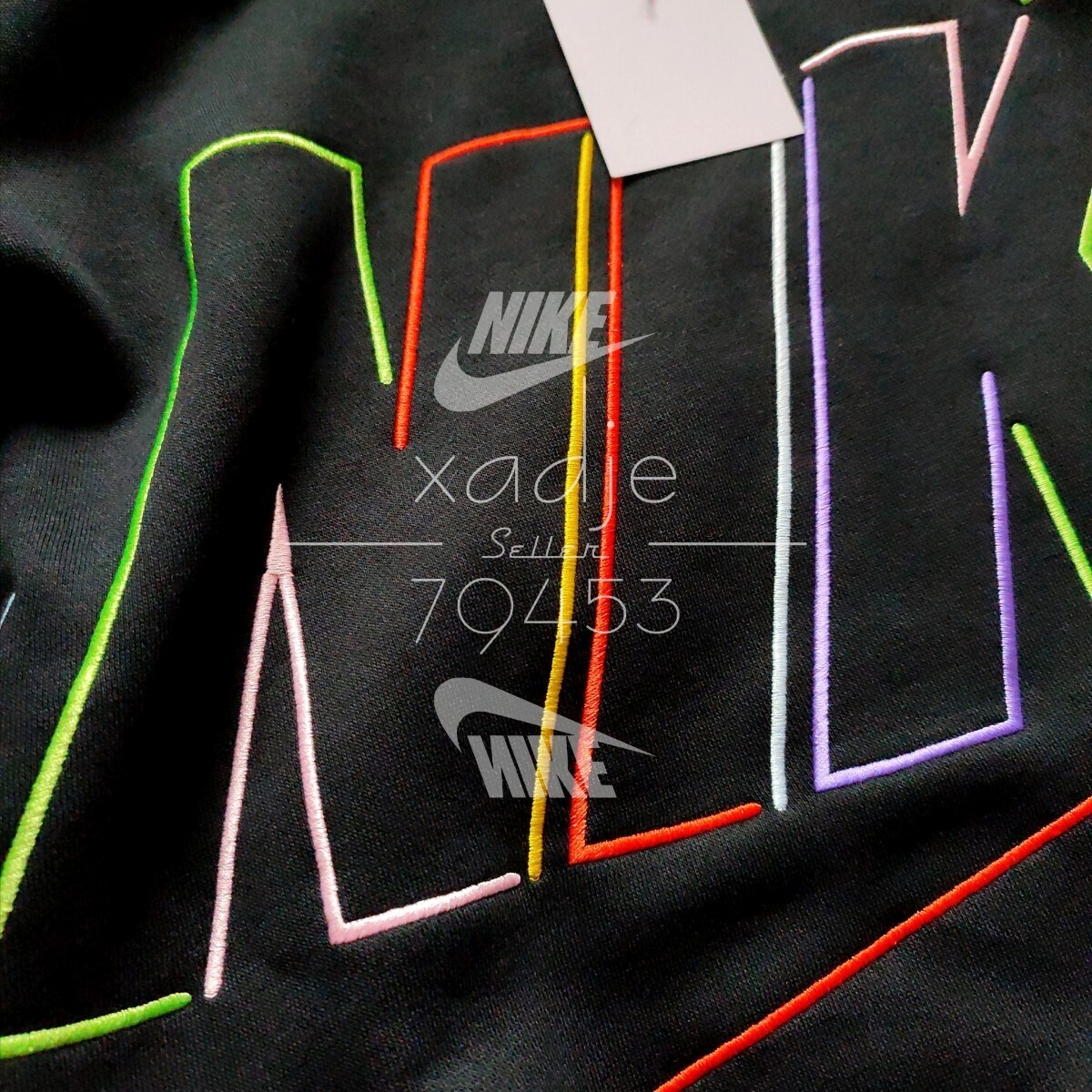 新品 正規品 NIKE swoosh ナイキ ロゴ 刺繍 上下セット スウェット トレーナー パンツ セットアップ 黒 ブラック ネオン マルチ 2XL XXL_画像3