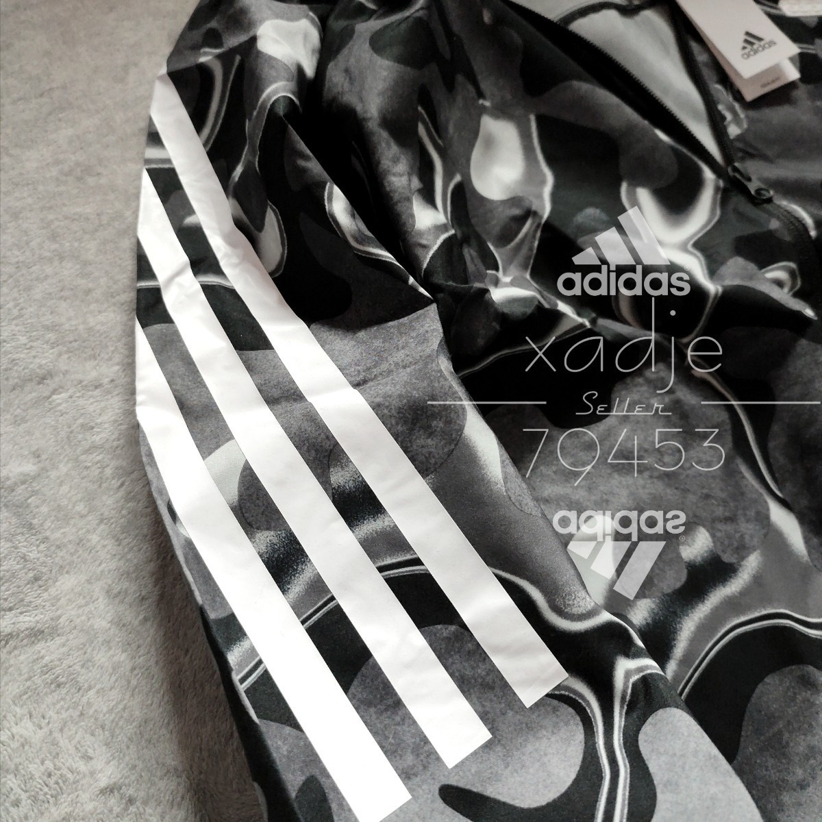 新品 正規品 adidas アディダス 上下セット ナイロン ジャージ セットアップ グレー チャコール 黒 ブラック 白 ロゴ 総柄 迷彩 XLの画像5