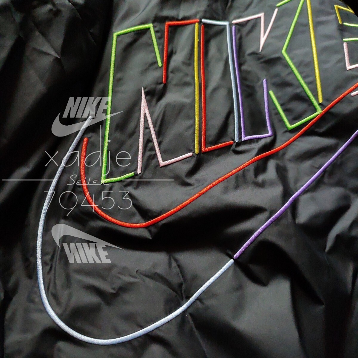 新品 正規品 NIKE ナイキ ロゴ 刺繍 上下セット ナイロン ジャケット パンツ セットアップ 黒 ブラック マルチ 裏地メッシュ XLの画像3