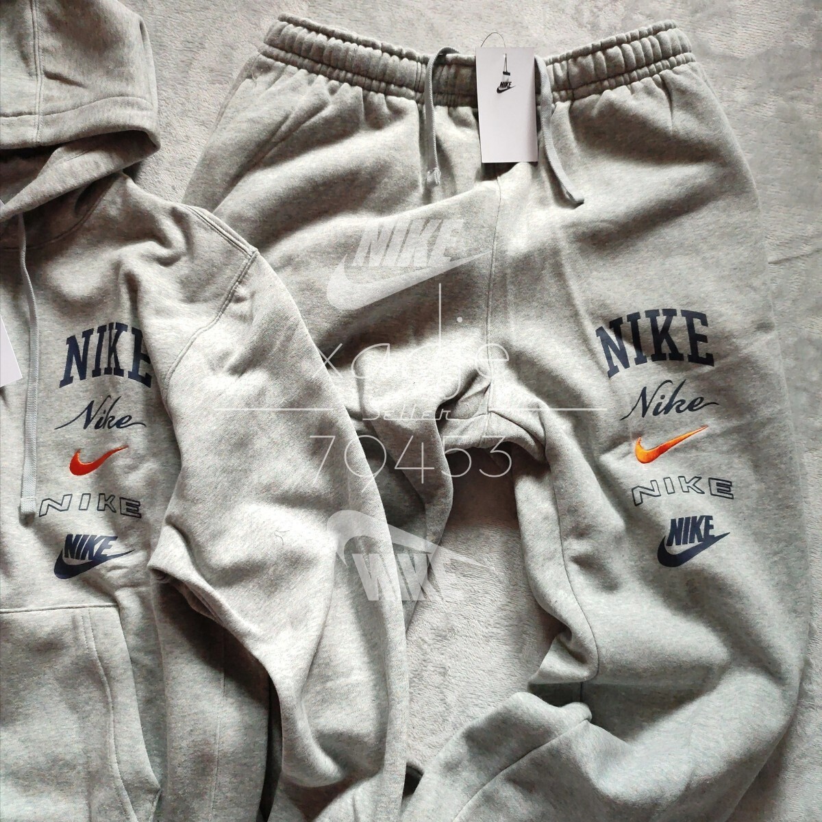 新品 正規品 NIKE swoosh ナイキ ロゴ プリント 刺繍 上下セット パーカー パンツ セットアップ 灰 グレー 裏起毛 XLの画像6