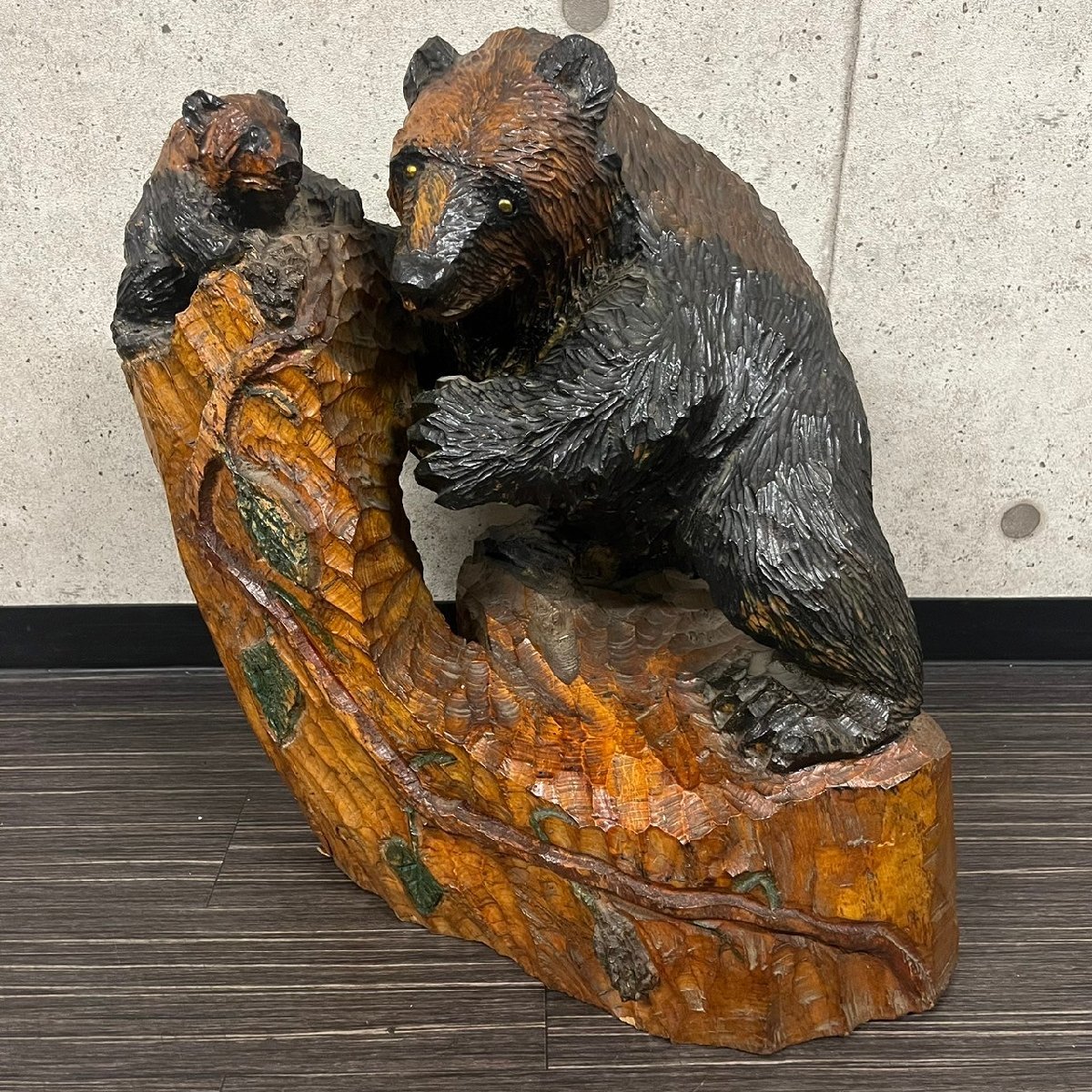 【珍品！】 熊 クマ 親子 木彫り 木製 彫刻 金目 置物 オブジェ インテリア　030101w/T18（140）