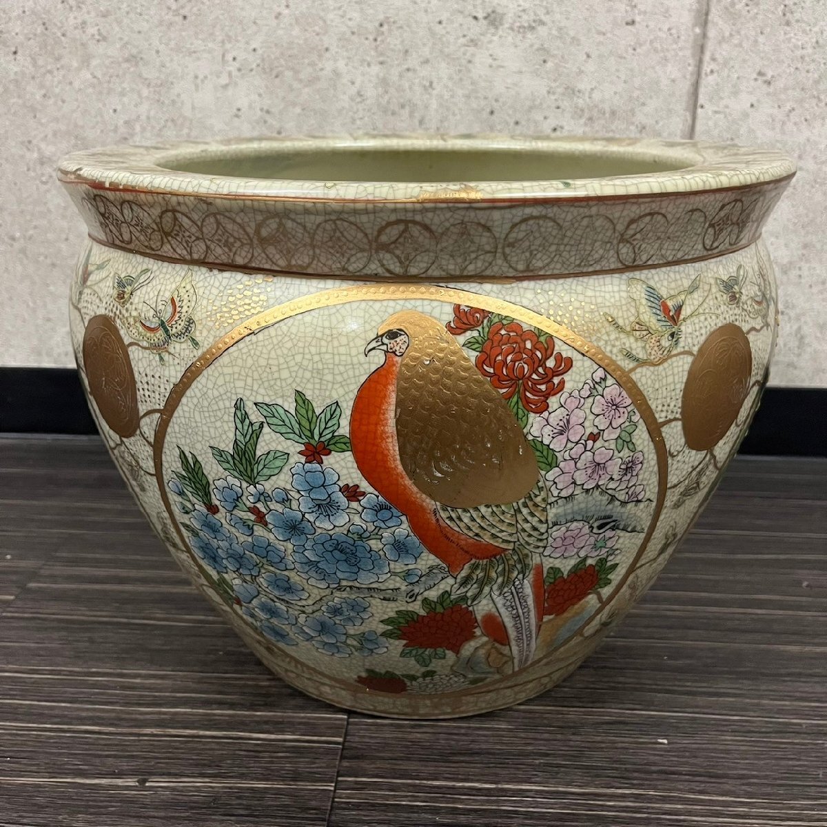 薩摩焼 火鉢 金魚鉢 メダカ鉢 花鳥図 蝶 風景図 高さ約24cm 直径約31cm 重量約6.0kg 031908w/T7（100）の画像5