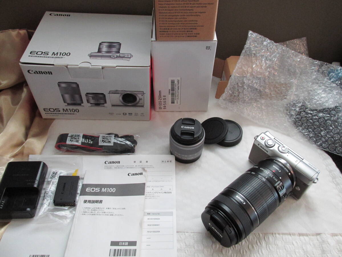 Canonキヤノン EOS M100 + EF-M 15-45mm F3.5-6.3 IS STM +EF-EOS M+55-250mm 望遠レンズ付き_画像1