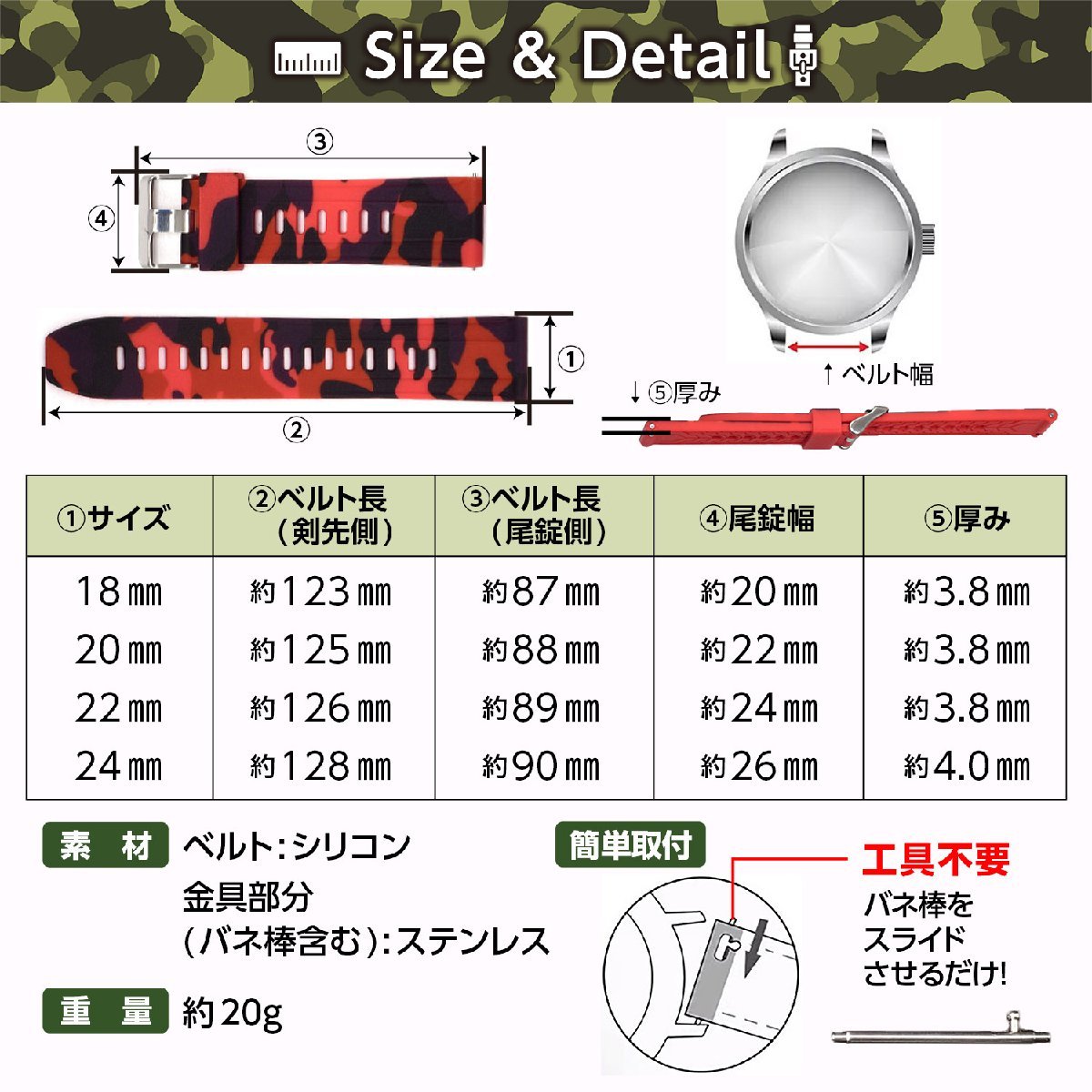 腕時計 ラバー ベルト バンド 迷彩柄 カモフラージュ柄 グレー 20mm_画像3