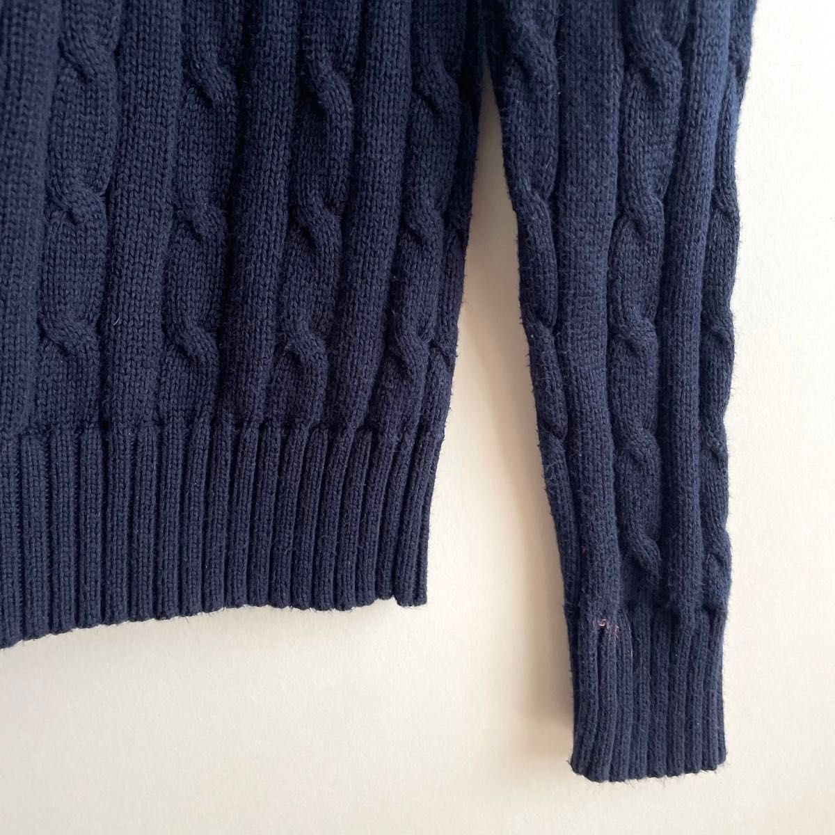 ポロ ラルフローレン　コットン 綿 100% Ｖネック　ケーブル編み　セーター 長袖 ニット　刺繍ロゴ　紺　レディース　XS
