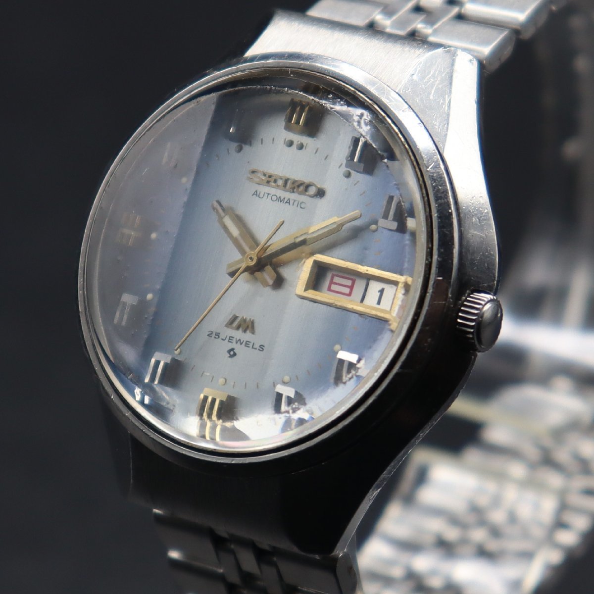 SEIKO LM セイコー ロードマチック 5606-7290 自動巻 3面カットガラス 青 25石 1973年 日/英デイデイト 純正ブレス アンティーク メンズ_画像1