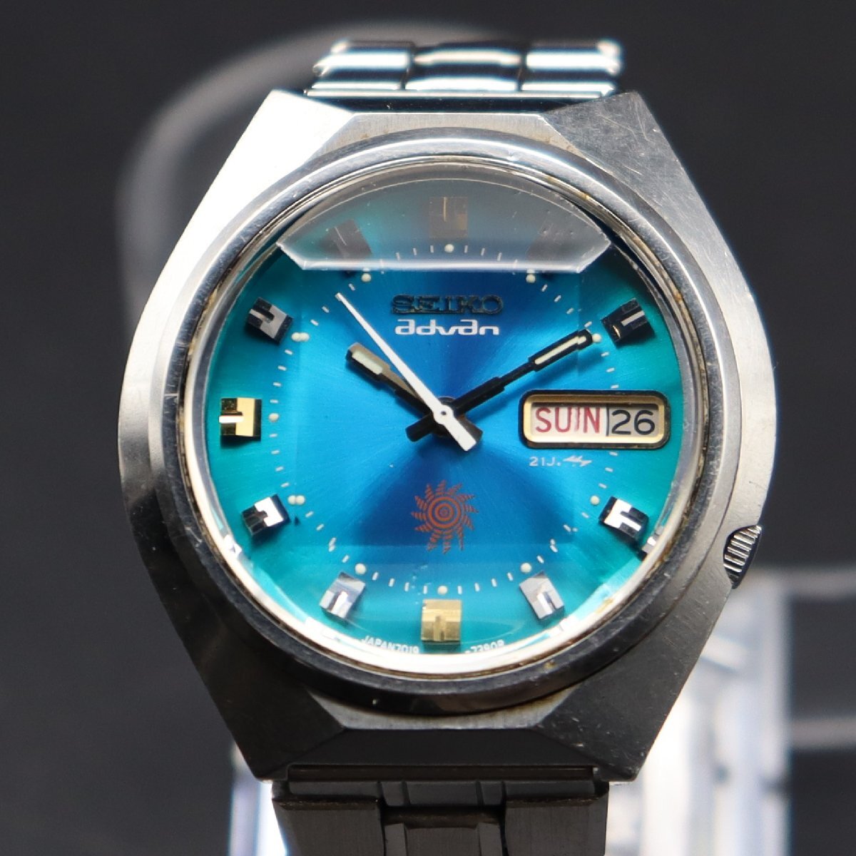 SEIKO advan セイコー アドバン 7019-7290 自動巻き 21石 カットガラス 青緑文字盤 1973年製 日/英デイデイト 亀戸工場 純正ベルト メンズ_画像3