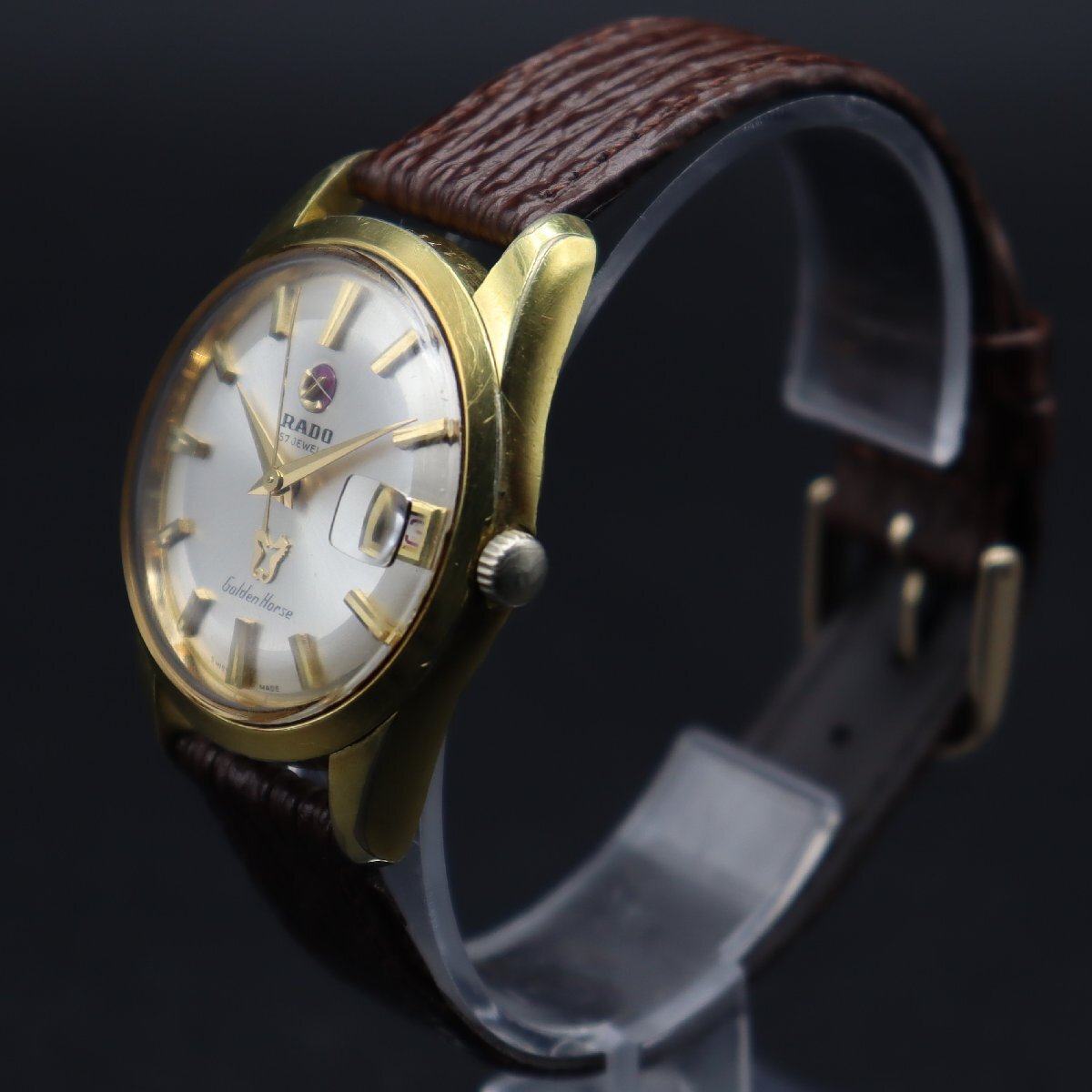 希少 57石 RADO Golden Horse ラドー ゴールデンホース Ref.11674 自動巻 赤デイト スイス ジャンク 新品ベルト アンティーク メンズ腕時計の画像2