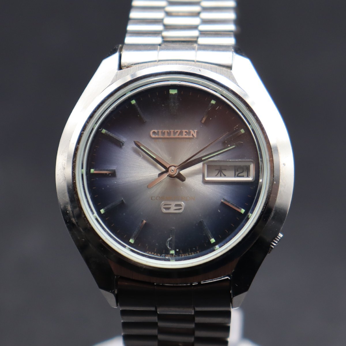 電池新品 CITIZEN COSMOTRON ELECTRONIC シチズン コスモトロン 電磁テンプ 4-790596Y 青 ターンプッシュ式デイデイト 純正ブレス メンズの画像3