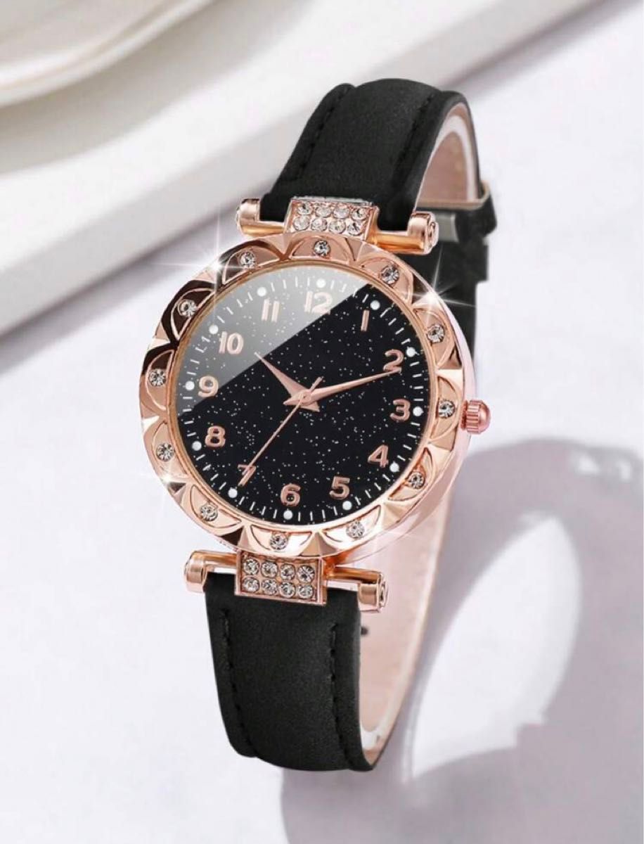 デザインウォッチ ブレスレット 腕時計 ブラック 黒 ラインストーン ビジュー ゴールド 韓国 オシャレ ラメ ハート