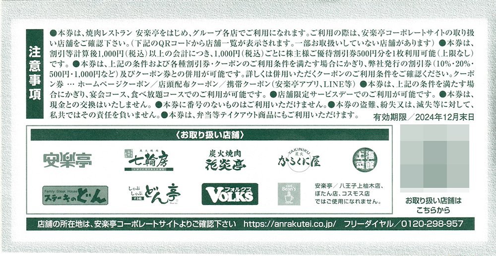 安楽亭 株主優待券 500円券×26枚+20％割引券×6枚 送料込_画像2