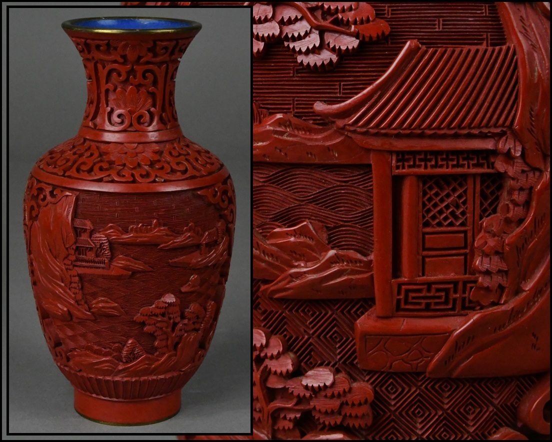 中国美術 唐物 堆朱 内七宝 山水風景図 花瓶 花入 古美術品_画像1