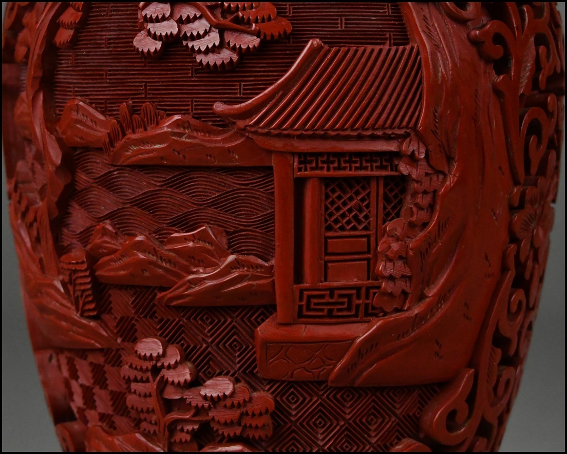 中国美術 唐物 堆朱 内七宝 山水風景図 花瓶 花入 古美術品_画像7