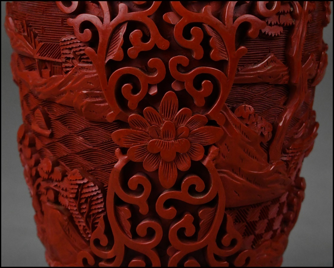 中国美術 唐物 堆朱 内七宝 山水風景図 花瓶 花入 古美術品_画像8