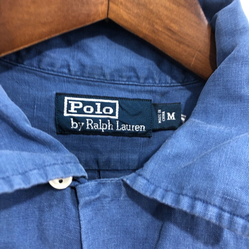 90年代 Polo by Ralph Lauren ラルフローレン リネン シルク 長袖シャツ オープンカラー ブルー (メンズ M) 中古 古着 P8415_画像5