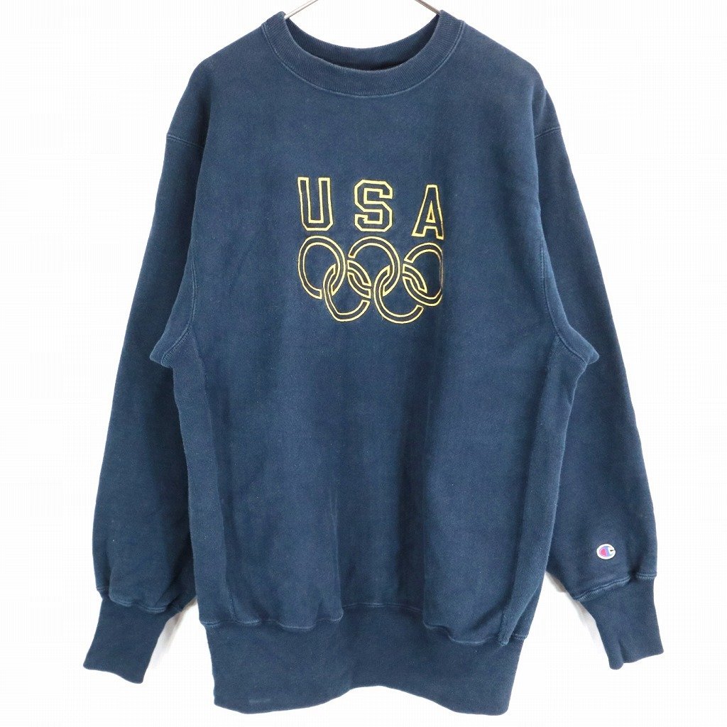 90年代 USA製 Champion チャンピオン リバースウィーブ スウェット 防寒 アメカジ ネイビー (メンズ XL) O1463 中古 古着