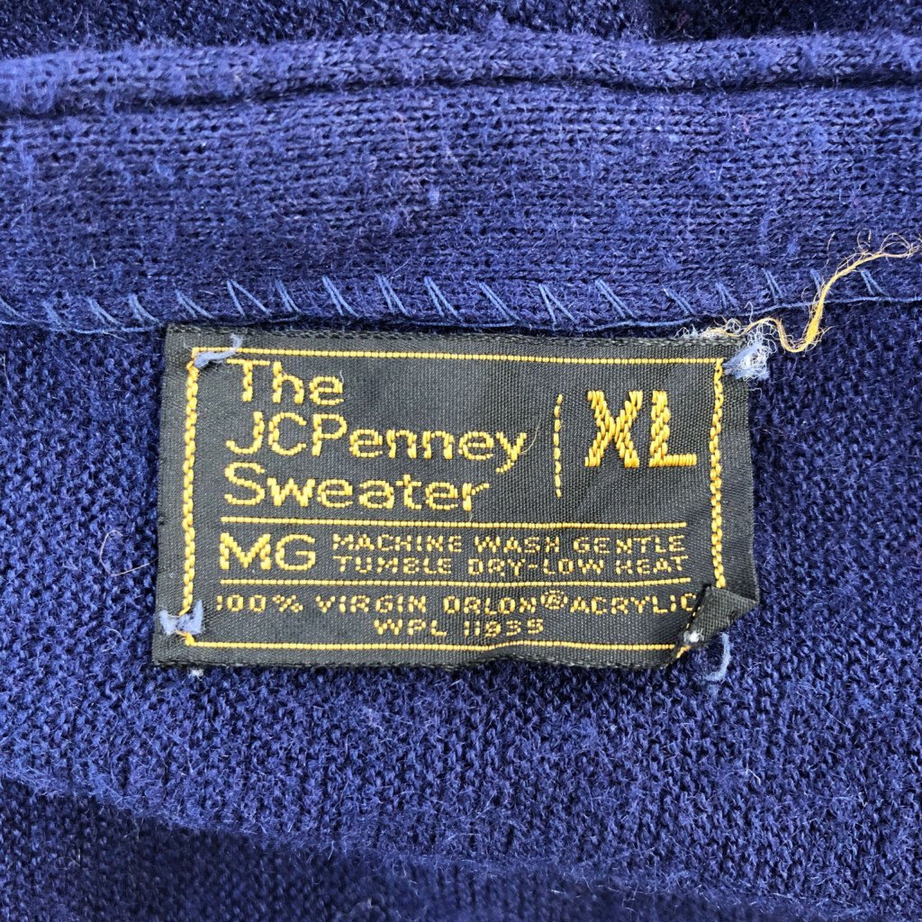 70年代 J.C.PENNEY ジェーシーペニー Vネック アクリルニットカーディガン ネイビー (メンズ XL) 中古 古着 Q0622_画像6