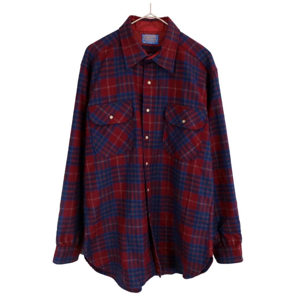 70年代 USA製 PENDLETON ペンドルトン ウール長袖Ｔシャツ フラップポケット ワインレッド (メンズ L) O2663 中古 古着_画像1