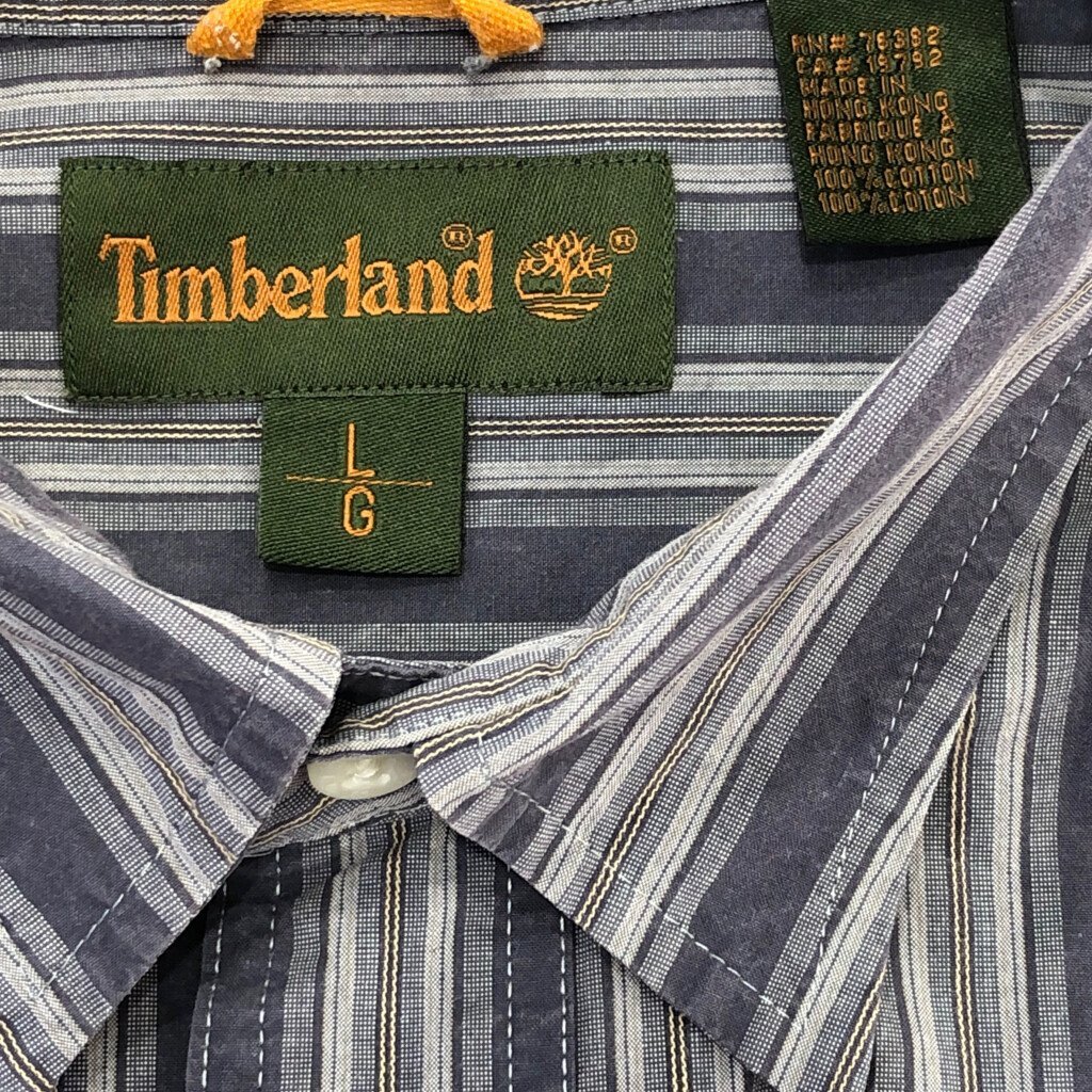 Timberland ティンバーランド ワンポイントロゴ ストライプシャツ アメカジ ネイビー (メンズ L) 中古 古着 Q1200_画像4