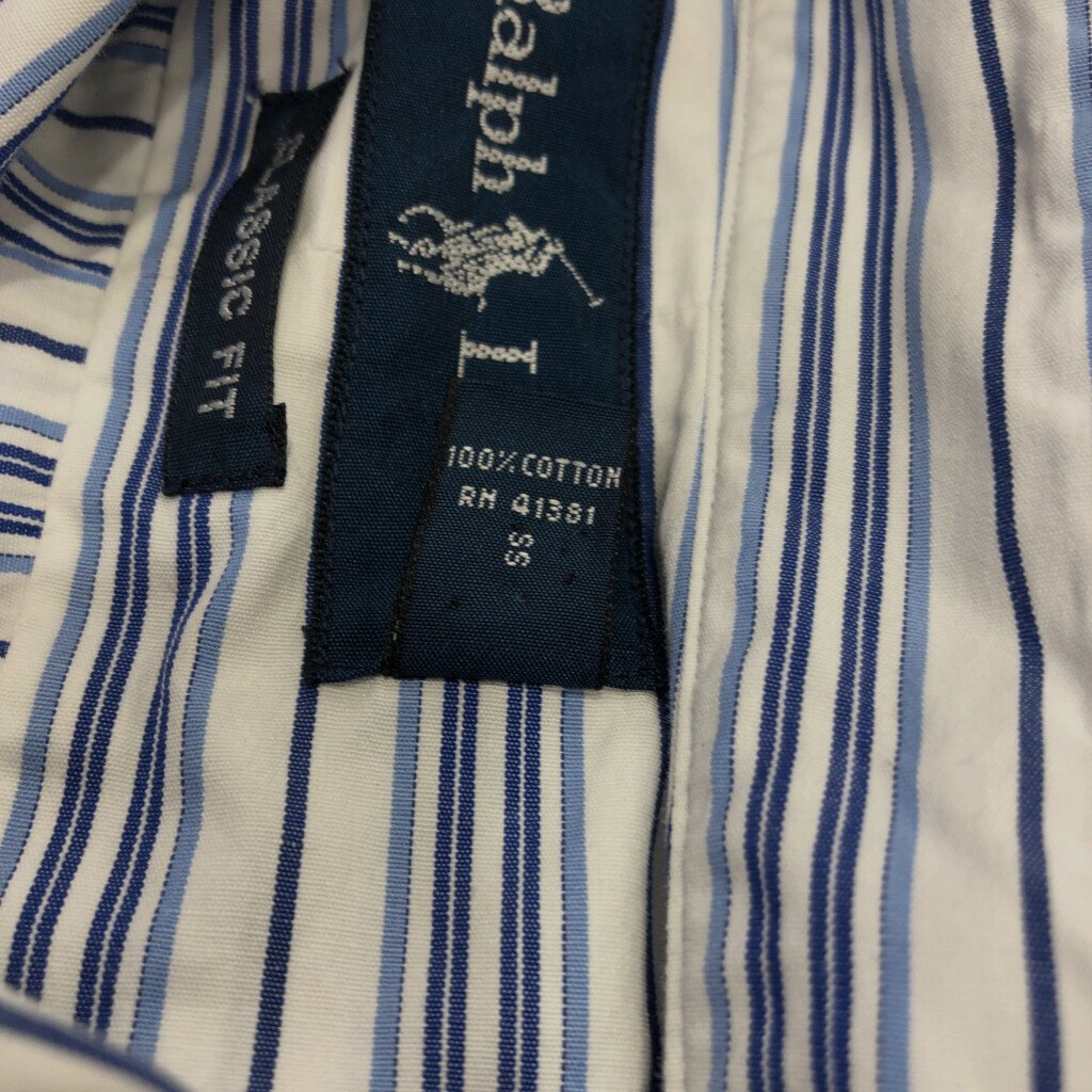 RALPH LAUREN ラルフローレン ボタンダウン 長袖シャツ ワンポイントロゴ ストライプ ブルー (メンズ L) 中古 古着 Q1530_画像4