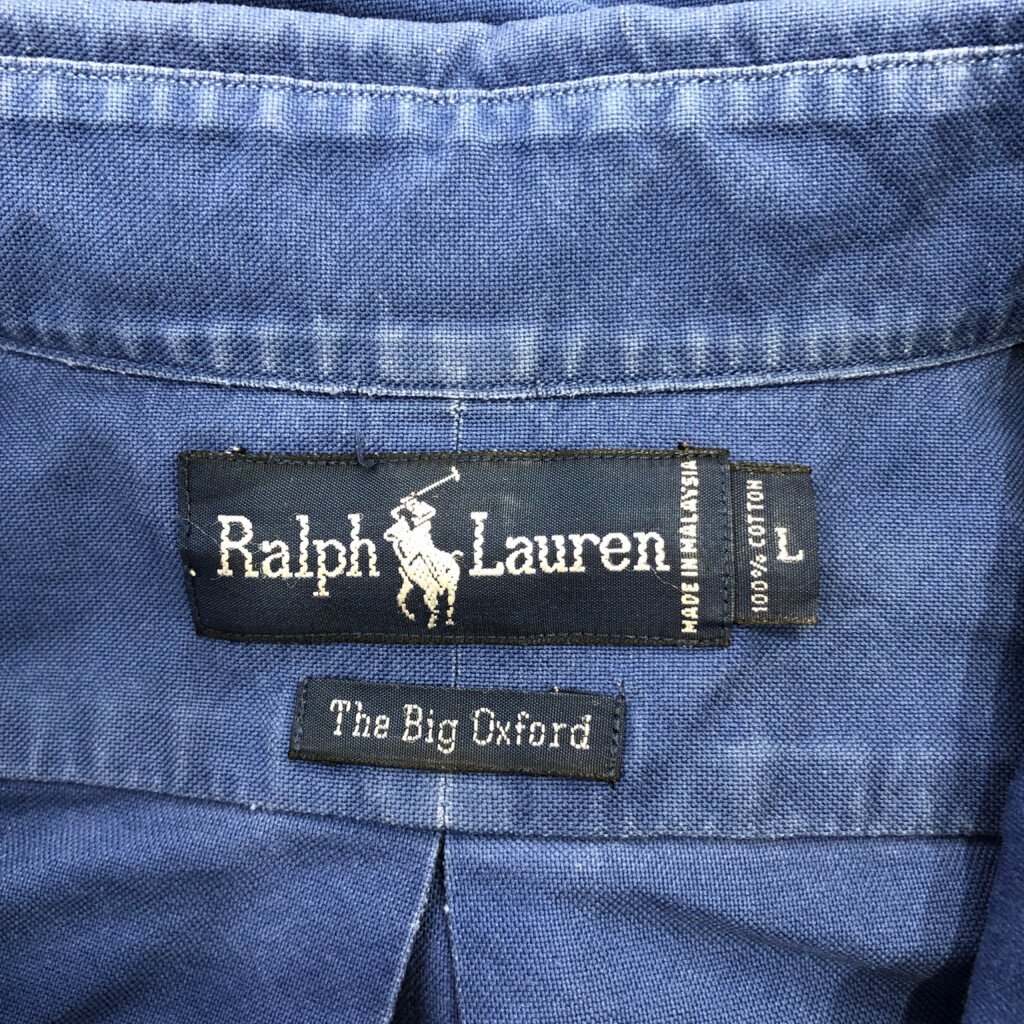 90年代 RALPH LAUREN ラルフローレン The Big Oxford ボタンダウン 長袖シャツ ワンポイントロゴ ブルー (メンズ L) 中古 古着 Q1985_画像6