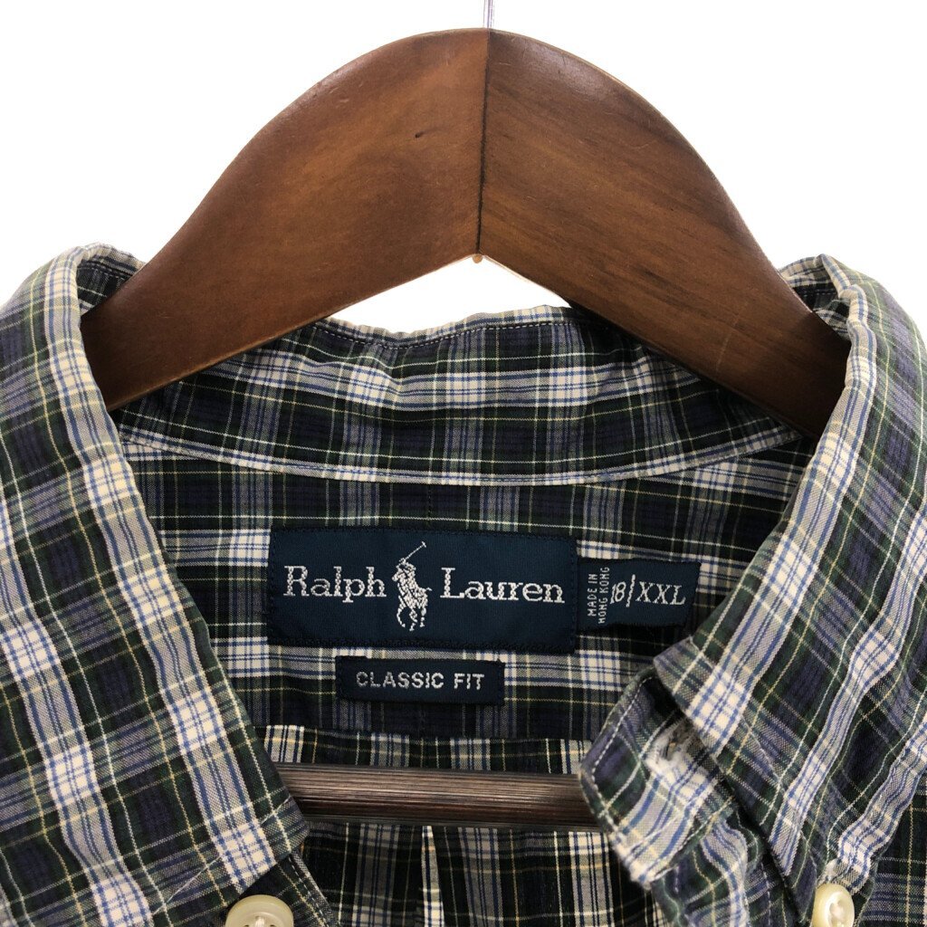 90年代 RALPH LAUREN ラルフローレン クラシックフィット ボタンダウン コットン チェック 長袖シャツ ブルー (メンズXXL) 中古 古着 p5716_画像4