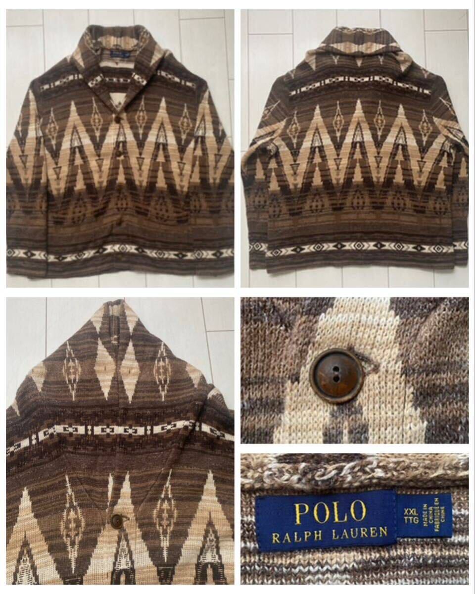 送料無料 未使用 美品 POLO ラルフローレン native ネイティブ ショールカラー knit セーター カーディガン ガウン brown ブラウン RRL XXL_画像1