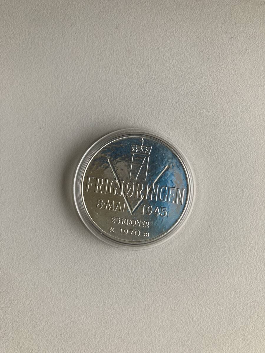  silver coin noru way 25 Krone 1970 year . war 25 anniversary memory coin Capsule storage goods 