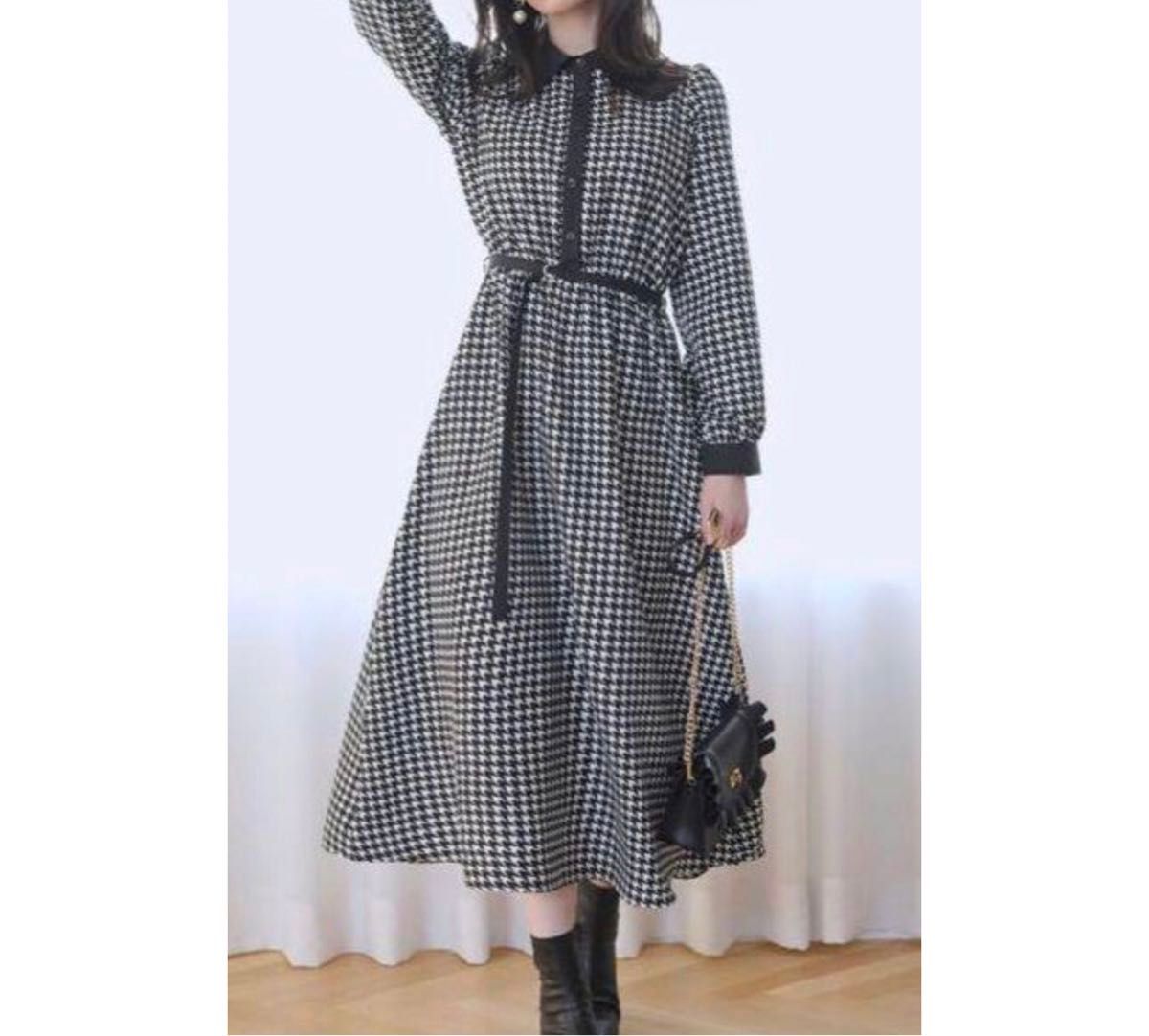 GRL ベルト付き千鳥柄フレアロングシャツワンピース [tg531 GRL ベルト付き千鳥柄フレアロングシャツワンピース [tg531