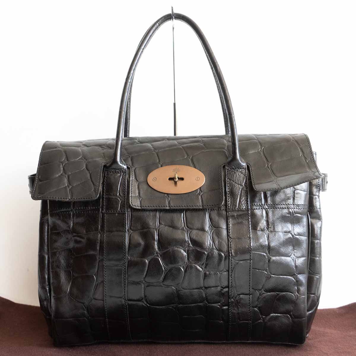 【高級品】Mulberry【型押し ベイズウォーター フラップ トート バッグ】マルベリー ブラック レザー 鞄 2403497_画像1