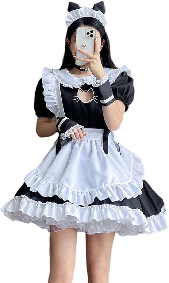 ★値引き大歓迎★ YUEEI メイド服 猫 胸空き レース コスプレ ハロウィン 仮装 ロリータ ワンピース Lサイズ 5点セット