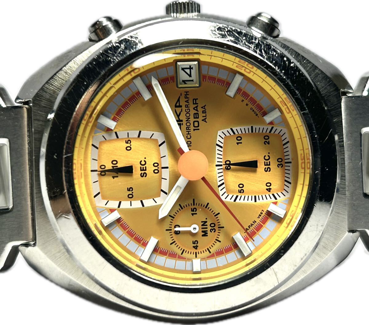 1 jpy ~ T Seiko Alba AKA V657-6030 operation goods chronograph orange dial men's quartz Date antique clock 8218553