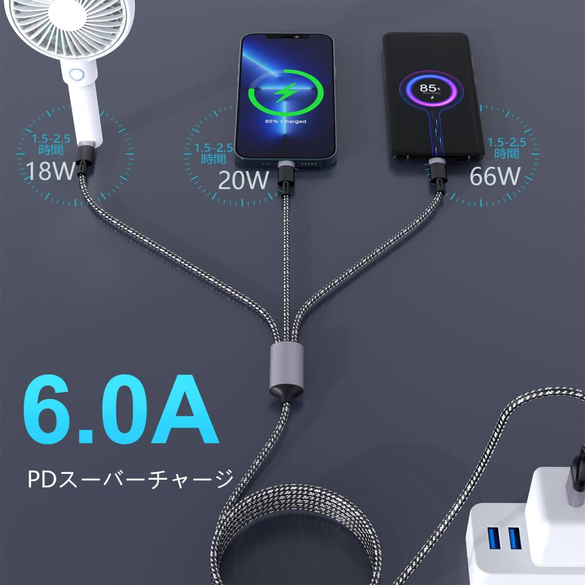 【100W】3in2 充電ケーブル USB Type CケーブルPD対応100W/6A 超急速充電 充電コード USB Type C ケーブル Micro USB ケーブル iPhone_画像3