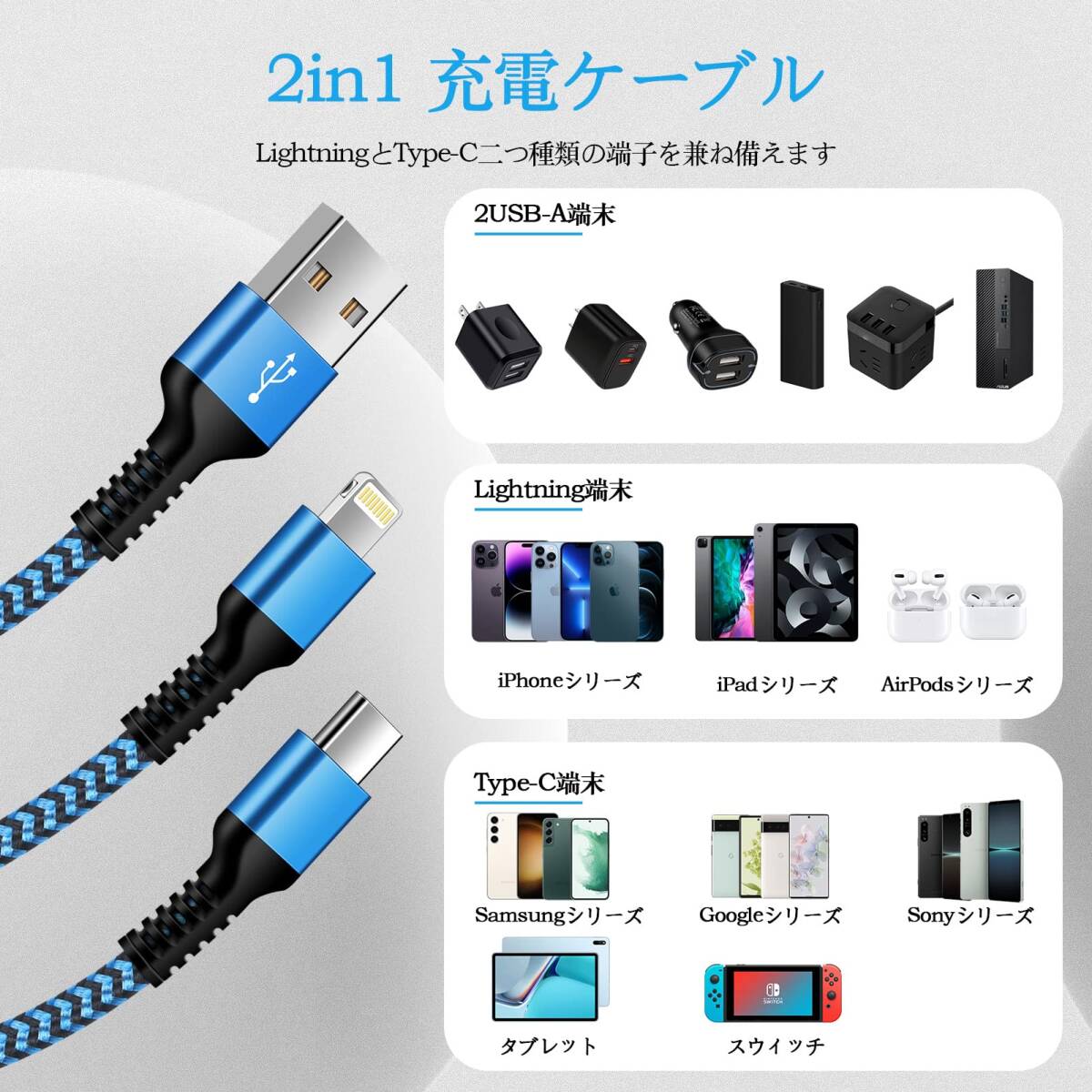 2in1 iPhone 充電ケーブル 「2本組/1.2Ｍ」タイプc USBケーブル ライトニングケーブル 2.4A&3A急速充電 Haoano マルチコネクタケーブル_画像7