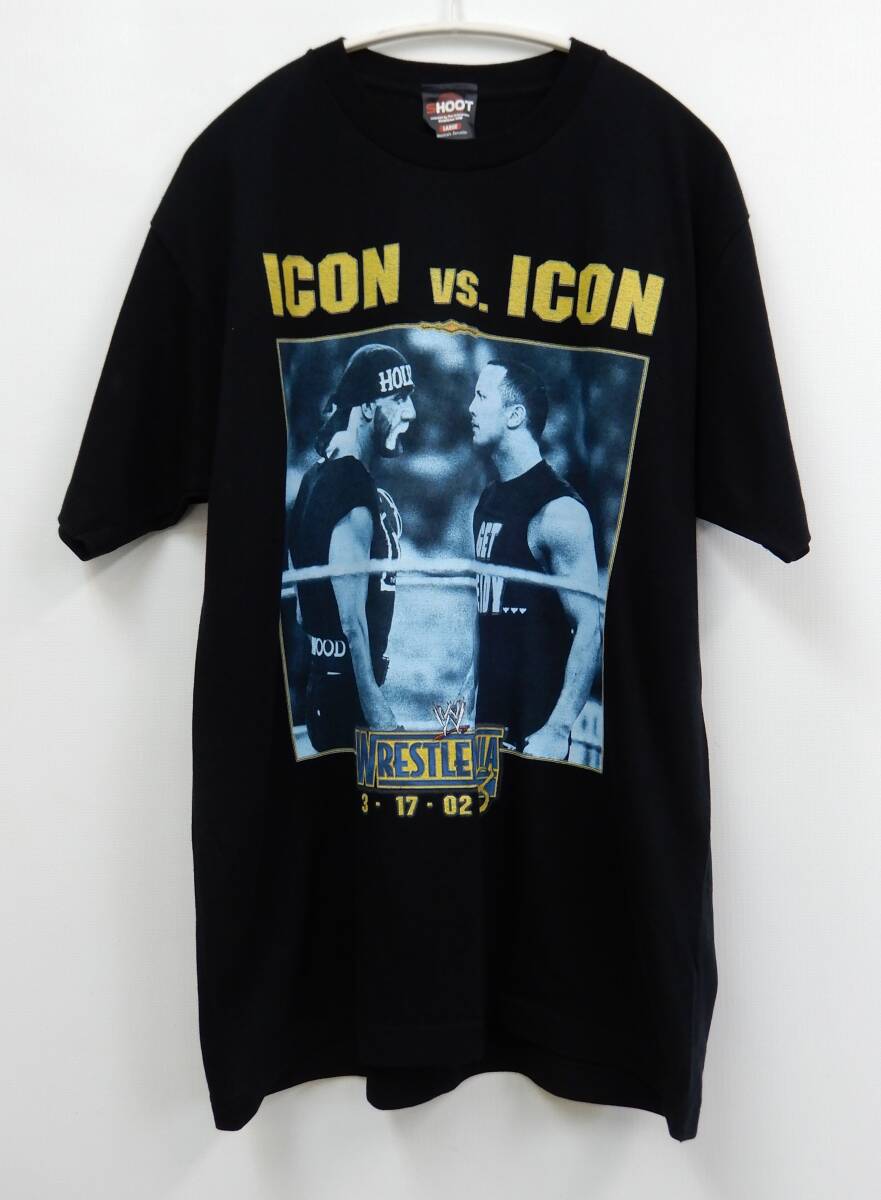 M749/WRESTLE MANIA X8 レッスルマニア 18 ハルクホーガン vs ザ ロック ICON 象徴 Tシャツ Lサイズ ブラック WWE WWF nWo プロレス SHOOT_画像1